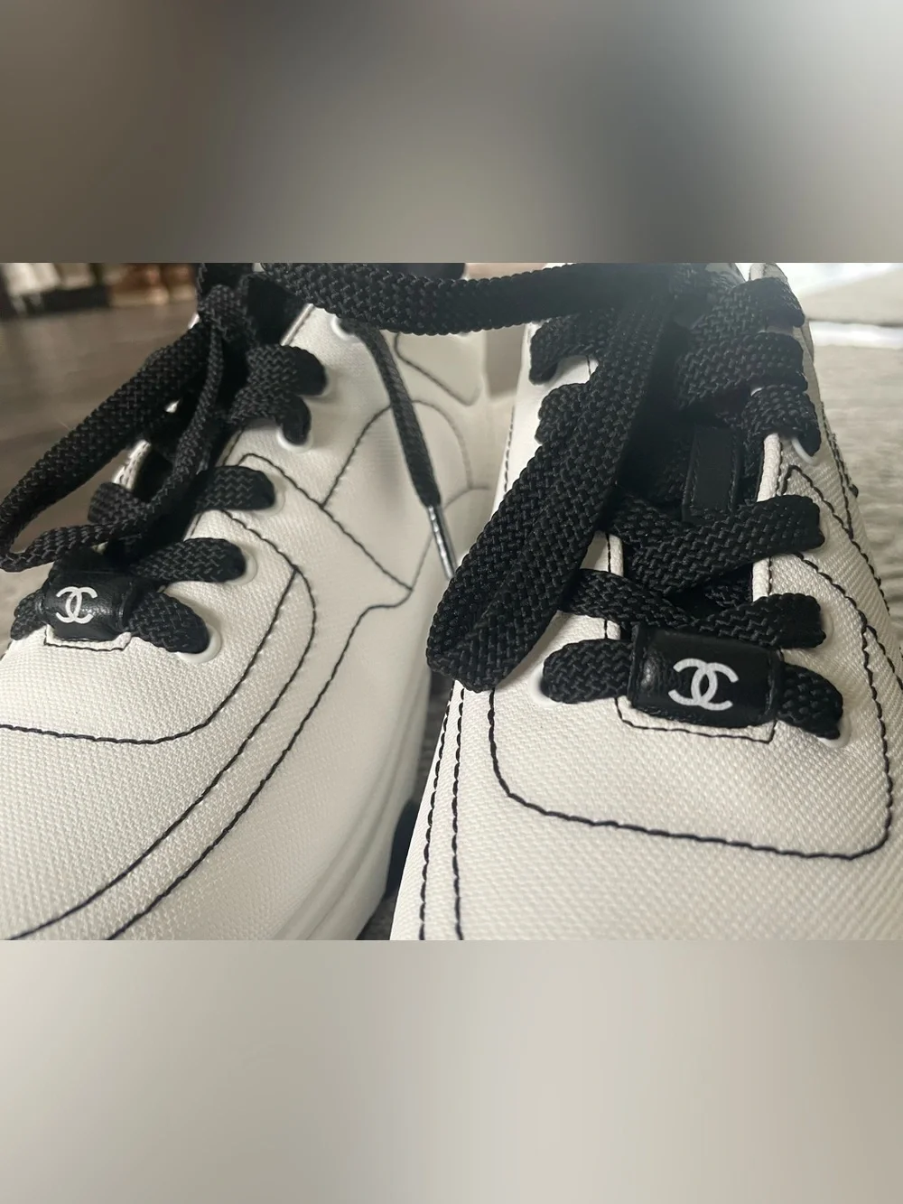 CHANEL White and Black Lace-Up Runner Sneakers